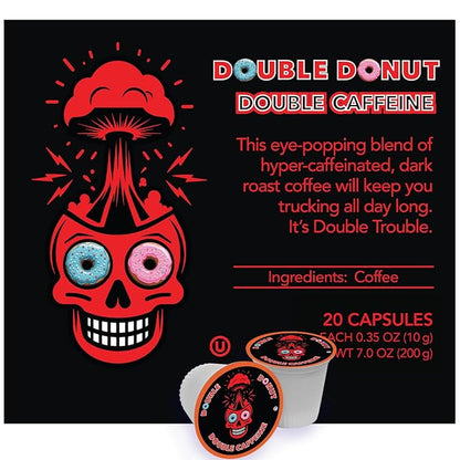 Double Donut Coffee High Caffeine Coffee Pods, Extra Strong Double Caffeine Dark Roast Coffee,Compatible with Keurig K Cups Brewers, 20 Count