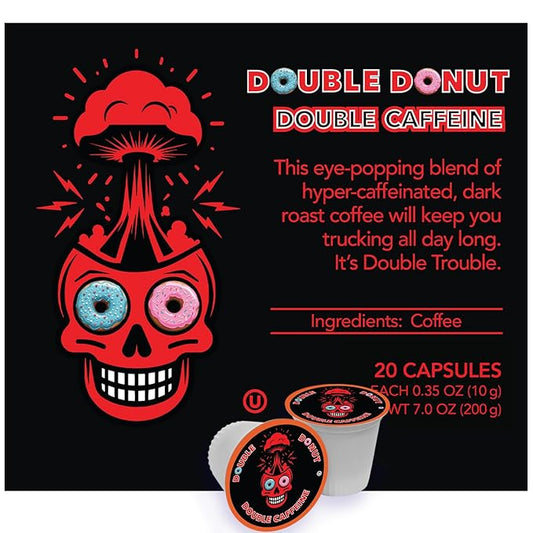 Double Donut Coffee High Caffeine Coffee Pods, Extra Strong Double Caffeine Dark Roast Coffee,Compatible with Keurig K Cups Brewers, 20 Count