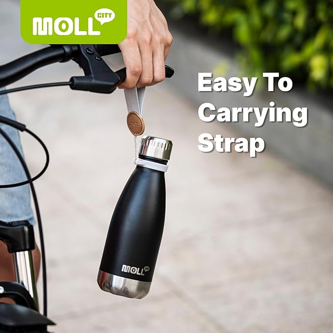 12 oz Water Bottle Stainless Steel Double Wall Vacuum Insulated Sports Water Bottle for Kids, Small Mini Cola Shape Water Flask Leak Proof (Black-Silver)