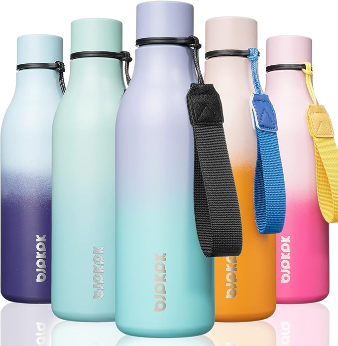 BJPKPK Insulated Water Bottles, 18 oz Stainless Steel Metal Water Bottle with Strap, BPA Free Leak Proof Jugs, Mugs, Flasks, Reusable Thermal Flasks for Sports & Travel, Lavender Green
