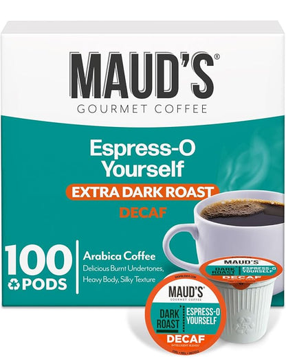 Maud's Decaf Espresso Roast Coffee Pods, 100 ct, Decaffeinated Dark Roast Coffee in Recyclable Single Serve Pods – 100% Arabica Coffee, Compatible with Keurig K Cups Maker