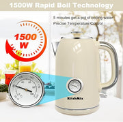 Electric Stainless Steel Tea Kettles1500W-1.7L-with Thermometer, Auto Shut-Off & Boil-Dry, Cool Touch Handle, BPA Free Kettle & Hot Water Kettle (Beige)