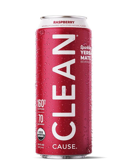 CLEAN Cause Low Calorie Raspberry USDA Organic Sparkling Yerba Mate Tea (16oz cans, 12-Pack Case) Low Sugar, 160mg Caffeine, Healthy Alternative to Soda & Energy Drinks.