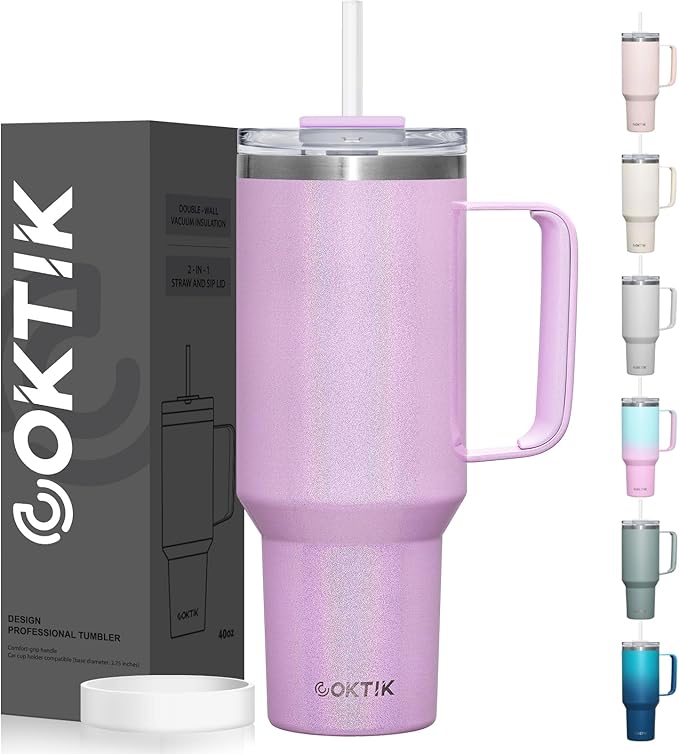 COKTIK 40 oz Tumbler With Handle and Straw Lid, Vacuum Insulated Travel Coffee Mug Stainless Steel Insulated Cup for Beverages, Leak-proof, Cupholder Friendly (Lavender Shimmer)