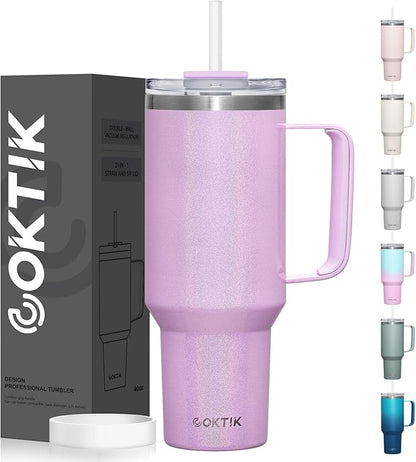 COKTIK 40 oz Tumbler With Handle and Straw Lid, Vacuum Insulated Travel Coffee Mug Stainless Steel Insulated Cup for Beverages, Leak-proof, Cupholder Friendly (Lavender Shimmer)