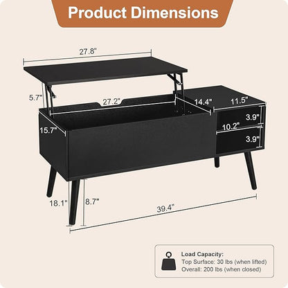ALINE FURNITURE Black Lift Top Coffee Table with Hidden Storage Compartment, Solid Wood Legs & Open Shelves - 40" Pop Up Coffee Tables for Living Room