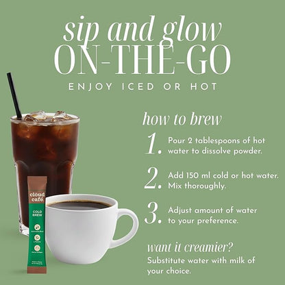 Clöud Café Collagen Infused Cold Brew Instant Coffee Packets - Multivitamin Powder, L-Theanine Amino Acids, & Marine Collagen Single Serve Instant Coffee Powder (10 Sachets)