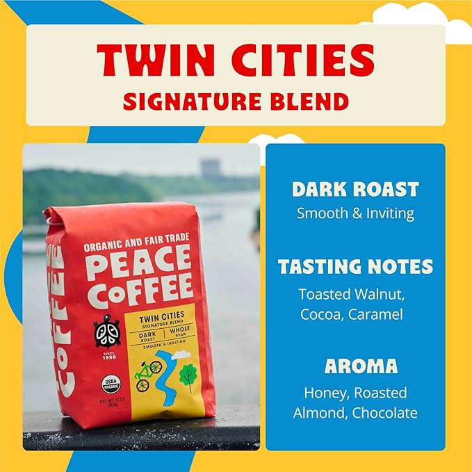 Peace Coffee Twin Cities Blend | 20 oz Whole Bean Dark Roast | Organic Fair Trade | Smooth, Inviting Flavor | Shade Grown, Fresh Roasted