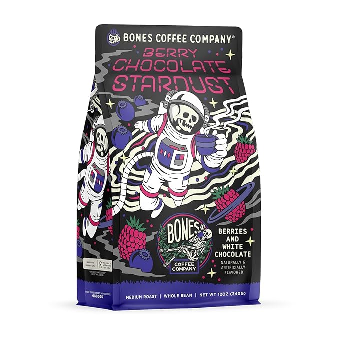 Bones Coffee Company Berry Chocolate Stardust, Berries and White Chocolate Flavored Coffee, Medium Roast Low Acid Arabica Beans For Auto drip and French Press Coffee Maker, 12 Oz Whole Bean