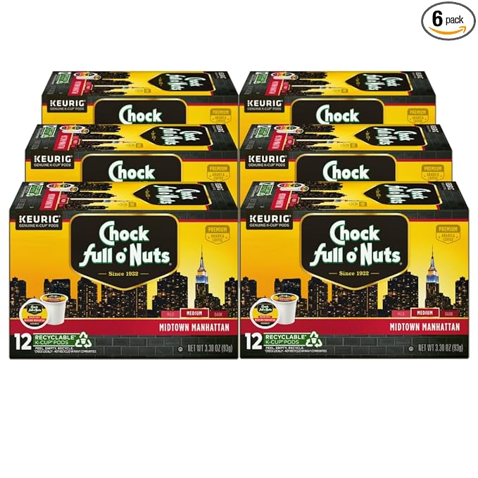 Chock Full o'Nuts Midtown Manhattan Coffee, Compatible with Keurig K-Cup Pods, 12 CT (Pack of 6)
