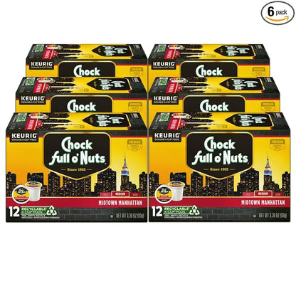 Chock Full o'Nuts Midtown Manhattan Coffee, Compatible with Keurig K-Cup Pods, 12 CT (Pack of 6)