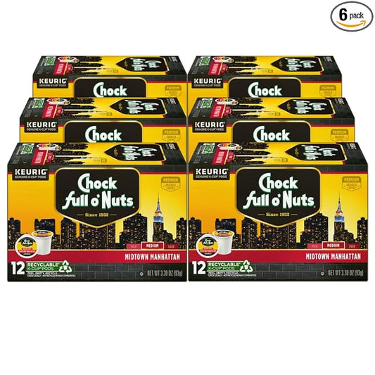 Chock Full o'Nuts Midtown Manhattan Coffee, Compatible with Keurig K-Cup Pods, 12 CT (Pack of 6)