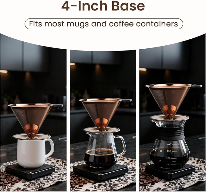 【2.0 Upgraded】 Pour Over Coffee Dripper, Stainless Steel Drip Cone Brewer, Reusable Metal Coffee Strainer with Non-Slip Ring & Handle, Paperless Pour Over Coffee Maker (2.0 Titanium Copper)