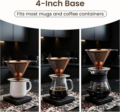 【2.0 Upgraded】 Pour Over Coffee Dripper, Stainless Steel Drip Cone Brewer, Reusable Metal Coffee Strainer with Non-Slip Ring & Handle, Paperless Pour Over Coffee Maker (2.0 Titanium Copper)