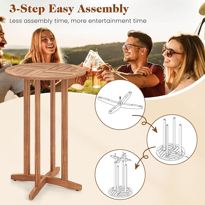 Tangkula Outdoor Acacia Wood Bar Table, 39" Patio Bar Height Round Table with Slatted Tabletop, High Top Bistro Dining Table, Pub Height Round Table for Garden, Deck, Porch and Yard