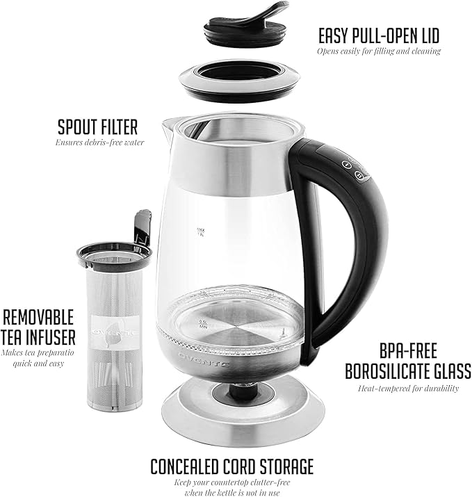 OVENTE Electric Tea Kettle with Temperature Control and Removable Tea Infuser, 1500W Water Boiler and Heater with 1.8L Borosilicate Glass, BPA Free, Auto Shut Off & Boil Dry Protection, Silver KG6610S