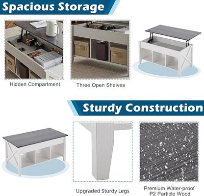 VINGLI Lift Top Coffee Table, Charcoal Top with White Frame, Farmhouse Cross-Sided Design, with Storage Shelf/Hidden Compartment, Gas Lift Mesa De Centro para Sala Pop Up Coffee Table