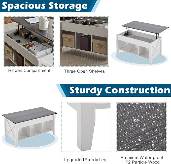 VINGLI Lift Top Coffee Table, Charcoal Top with White Frame, Farmhouse Cross-Sided Design, with Storage Shelf/Hidden Compartment, Gas Lift Mesa De Centro para Sala Pop Up Coffee Table