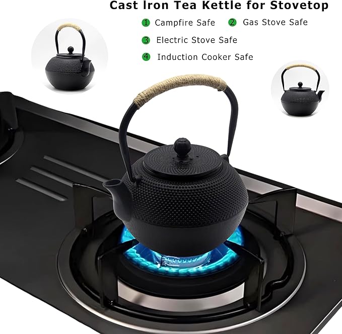 YJX 40.6 fl oz Cast Iron Teapot Set, Japanese Tetsubin Tea Set with Cast Iron Teacups, Small Tea Kettle Set with Strainer for Loose Tea, Enameled Interior (1200ml Tea Set with Cups and Saucers)