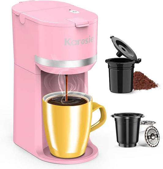 Single Serve Coffee Maker for K-Cup and Ground Coffee, Fast Brew, 6-12 oz Brew Sizes One Cup Coffee Machine Fits 5.5" Mugs, One-Button Small Coffee Maker with Descaling Reminder,Pink