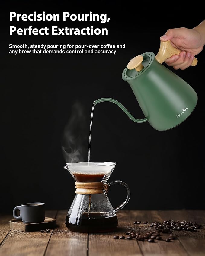 Harriet Gooseneck Electric Kettle - 1200W Fast Heat, 0.8L Stainless Steel, Precision Temp Control & Timer, Wood Handle, Pour Over Coffee and Tea, Green