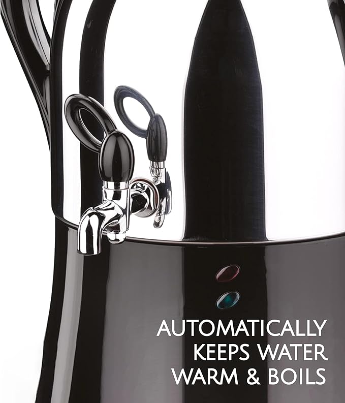 Korkmaz Caykolik A341-14 Stainless Steel Samovar, Upper Pot 1.1 L (37.1 Oz), Bottom Pot 3 L (101.4 Oz) Electric Turkish Tea Maker Set, Double Pots, Inox, Chrome, Black 110 V US Plug, 4.3- Quart