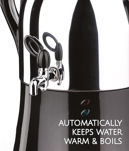 Korkmaz Caykolik A341-14 Stainless Steel Samovar, Upper Pot 1.1 L (37.1 Oz), Bottom Pot 3 L (101.4 Oz) Electric Turkish Tea Maker Set, Double Pots, Inox, Chrome, Black 110 V US Plug, 4.3- Quart