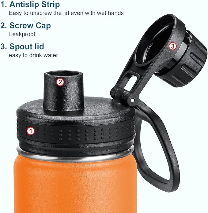 koodee Insulated Water Bottle, 22 oz Stainless Steel Double Wall Vacuum Wide Mouth Sport Bottle with Leakproof Spout Lid （Cosmic Orange）