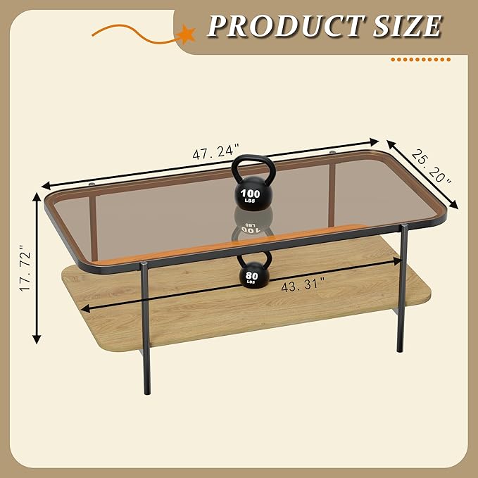 Brown Glass Coffee Table, Modern 2-Tier Coffee Table with Metal Leg, Accent Table with Wood Open Storage, Living Room Rectangular Center Table with Rounded Corners, Side Table for Home Office (Brown)