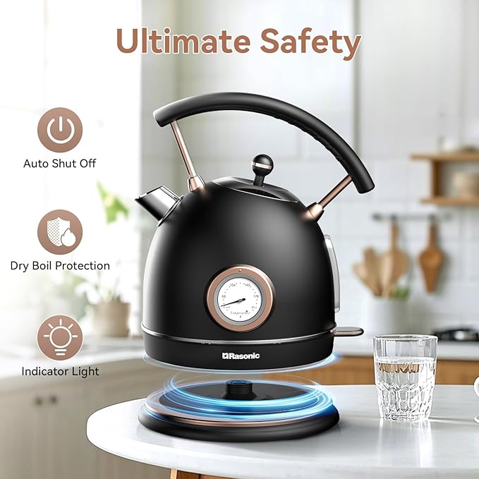 Rasonic Classic Retro Electric Kettle, 1.8L Stainless Steel, 1500W Fast Quiet Boiling, Temperature Gauge, LED Light, Auto Shut-Off, Home & Office Use - Matt Finish Black and Rose Gold