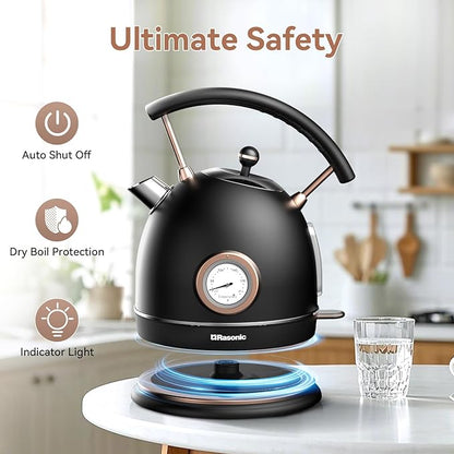 Rasonic Classic Retro Electric Kettle, 1.8L Stainless Steel, 1500W Fast Quiet Boiling, Temperature Gauge, LED Light, Auto Shut-Off, Home & Office Use - Matt Finish Black and Rose Gold
