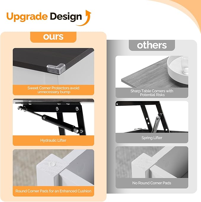 VINGLI Lift Top Coffee Table, White, with Storage Shelf/Hidden Compartment, Gas Lifting Mesa De Centro para Sala Pop Up Coffe Table