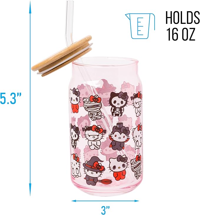 Silver Buffalo Sanrio Hello Kitty and Friends Halloween Spooky Costumes Ghost Witch Vampire Zombie Frankenstein Skeleton Pink Glass Jar Tumbler with Bamboo Lid and Glass Straw, 16 Ounces