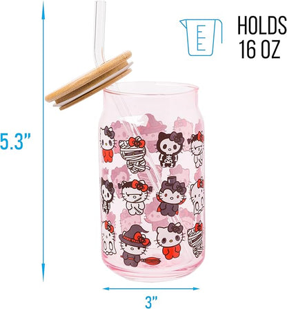 Silver Buffalo Sanrio Hello Kitty and Friends Halloween Spooky Costumes Ghost Witch Vampire Zombie Frankenstein Skeleton Pink Glass Jar Tumbler with Bamboo Lid and Glass Straw, 16 Ounces