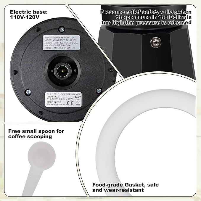 Electric Aluminum Moka Pot 5-6 Cup 270ml Espresso Maker with Detachable Base Ideal Coffee Makers for Home MochaPot Italian and Cuban Café Coffeemaker Espressomaker CoffeePot Black