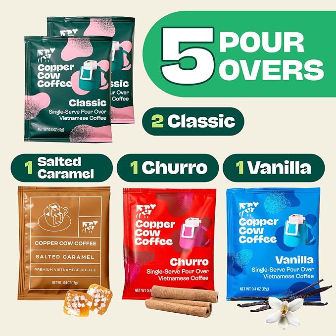 Copper Cow Premium Pour Over Single-Serve Vietnamese Coffee | Best Brews Variety Pack (Includes 5 coffees) | Classic Black, Churro, Vanilla, & Salted Caramel