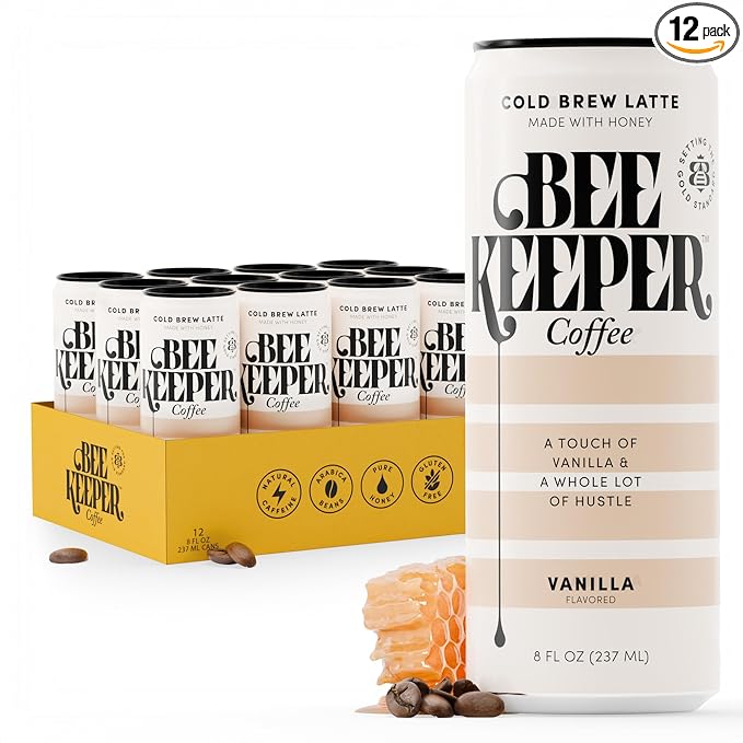 Beekeeper Coffee Cold Brew Vanilla Latte with Oregon Honey, 8 fl oz cans (Pack of 12), Ready-to-Drink, 125mg Natural Caffeine