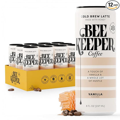 Beekeeper Coffee Cold Brew Vanilla Latte with Oregon Honey, 8 fl oz cans (Pack of 12), Ready-to-Drink, 125mg Natural Caffeine