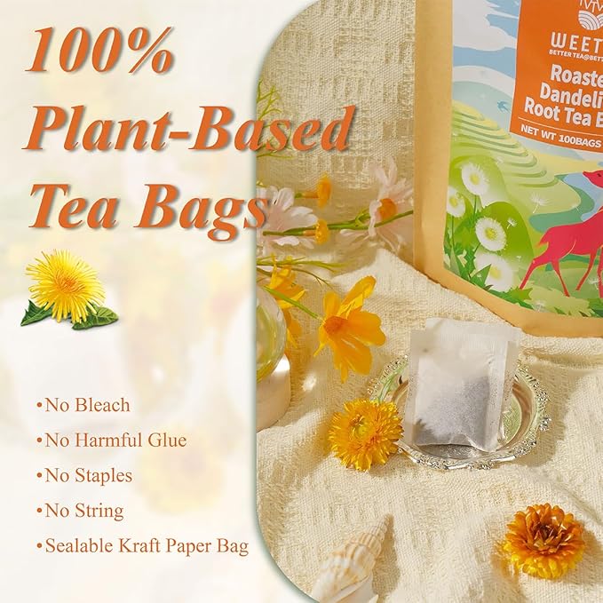 WT WEETEE Roasted Dandelion Root Tea Bags, 100 Count Dandelion Tea with Light Earthy & Roasted Aroma, Natural Caffeine Free Herbal Tea, Coffee Alternatives