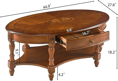 Solid Wood Oval Coffee Table with Drawer and Shelf, 44.9" Traditional Vintage Center Table Polished Edging Cocktail Tea Table for Living Room Bedroom, Beewax