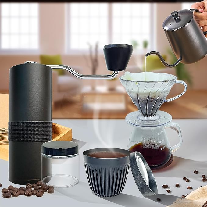 DS&DV Coffee Maker Set,Incl,Conical Filter Cup, Server, Pour Over Kettle, Cup, Manual Grinder,Hand Brewing for Camping and Traveling Personal Bar (6 in 1 Coffee Makers)