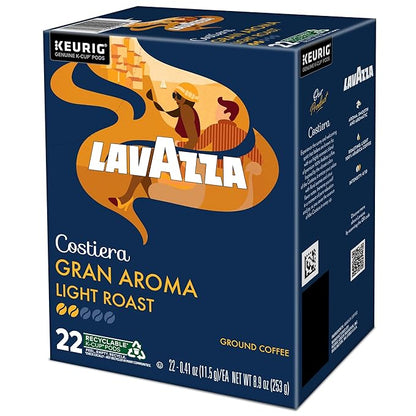 Lavazza Costiera Gran Aroma, Single-Serve Keurig K-Cup Pods, Light Roast Coffee, 88-Count Box (4 Packs of 22)