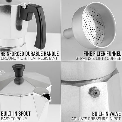 Zulay Moka Pot Espresso Stovetop Coffee Maker - Leak-Proof, Aluminum, Easy to Clean, Heat Resistant Handle & Knob - for Authentic Cuban & Italian Style Espresso - Makes 9 Espresso Cups - Silver