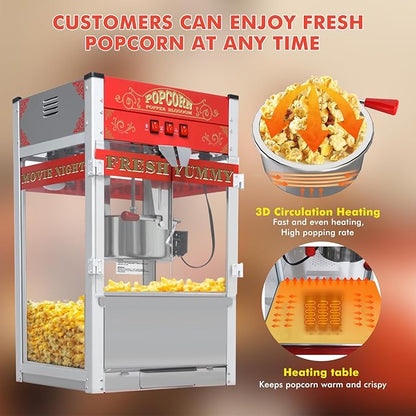 Commercial Popcorn Machine with Cart, Wheels & 20 Oz Kettle,Popcorn Popper Machine Vintage Style Movie Theater Popcorn Maker Machine for Parties, Events, Commercial, and Home Theater