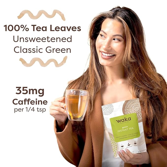Waka Instant Green Tea Mix, Original - 100% Tea Leaves, No Additives, Unsweetened Tea Powder for 50 Quarts or 200 Cups – Easy and Quick Hot or Iced Teas (4.5oz)