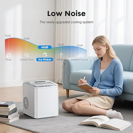 Sweetcrispy Countertop Ice Maker - 9 Cubes in 6 Mins, 26lbs/24Hrs, 2-Size Bullet Ice, Self-Cleaning Portable Ice Machine with Quiet Operation for Home Office Camping, White