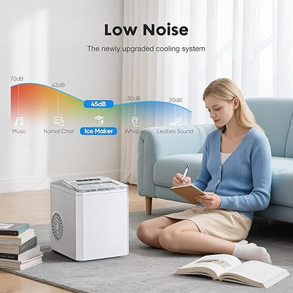 Sweetcrispy Countertop Ice Maker - 9 Cubes in 6 Mins, 26lbs/24Hrs, 2-Size Bullet Ice, Self-Cleaning Portable Ice Machine with Quiet Operation for Home Office Camping, White