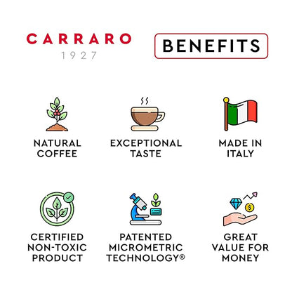 CARRARO 1927 Decerato - 100 Aluminum Coffee Pods Compatible with Nespresso Original line - Dewaxed, Wellness, Low Acidity, More Digestible, Intense Aroma, Medium Roast Coffee Capsules Made in Italy
