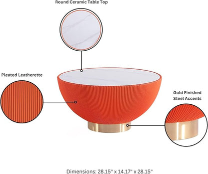 Manhattan Comfort Modern Anderson Coffee Table, 1.0 & 2.0 End Table, Upholstered in Orange Leatherette with Ceramic Faux Tabletop and Gold Metal Tabletop- Set of 3