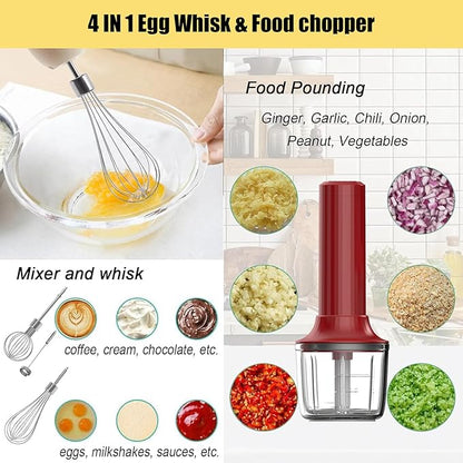 4-in-1 Electric Hand Mixer, Electric Whisk, Mini Onion Chopper 10Oz, Small Cordless Hand Blender, Milk Frother Wand for Coffee, Matcha, 4 Speed Rechargeable Food Processor for Baby Food Maker